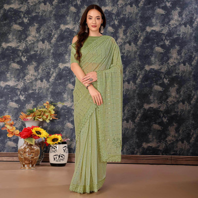 Online Bazaaar Embellished Bollywood Lycra Blend Saree(Light Green)