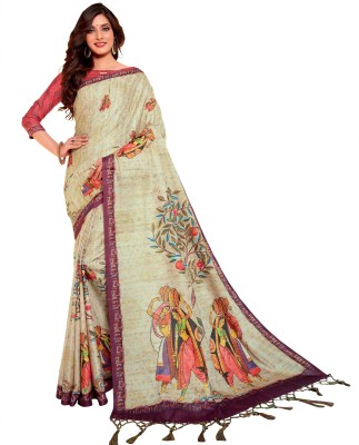 BAPS Printed Manipuri Cotton Linen Saree(Cream)