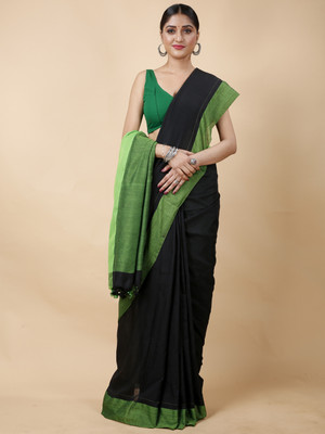 DipDiya Color Block Handloom Pure Cotton Saree(Black)