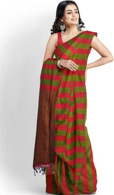 DipDiya Striped, Woven Handloom Pure Cotton Saree(Red, Green)