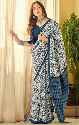 Shubharam Floral Print, Printed Bollywood Linen, Cotton Blend Saree(Cream)