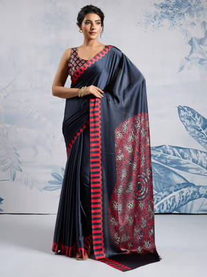 Tasrika Printed Hand Batik Satin Saree(Black)