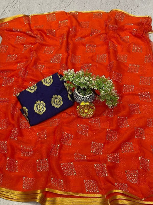 Desi Style Self Design Daily Wear Net, Chiffon Saree(Orange)
