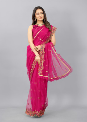 HouseOfCommon Embroidered Bollywood Net Saree(Pink)