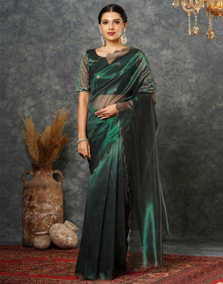 Divastri Solid/Plain Bollywood Net Saree(Dark Green)