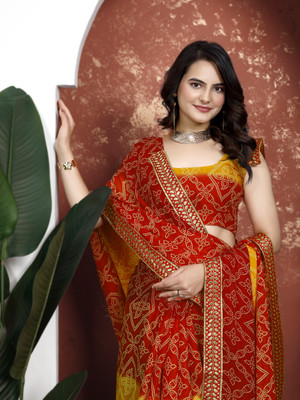 Kanooda Prints Printed Bandhani Georgette Saree(Red, Multicolor)