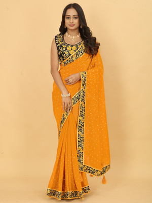 LAKHADATARI PRINTS Printed, Embellished, Blocked Printed Bandhani Georgette, Chiffon Saree(Mustard)