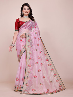STARWOMEN Embroidered Bollywood Supernet Saree(Pink)