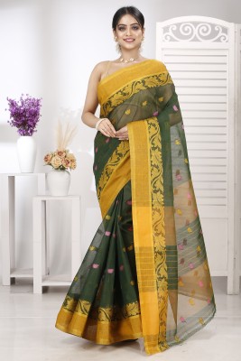 GitAsit Self Design Tant Pure Cotton Saree(Dark Green)