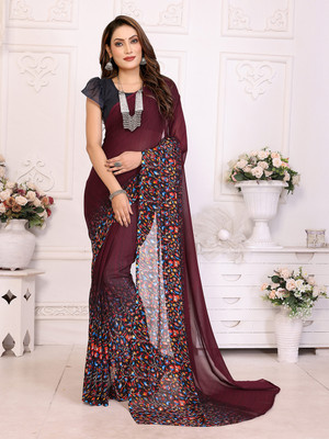 Anmi Floral Print Daily Wear Georgette Saree(Maroon)