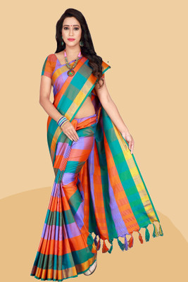 ASMYRA Color Block Daily Wear Cotton Silk Saree(Green, Orange)