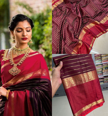 PRASHANTHVI CREATIONS Striped, Woven, Self Design Banarasi Silk Blend Saree(Maroon)