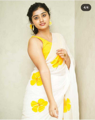 Mervadiya Printed Kanjivaram Cotton Linen, Linen Saree(White)