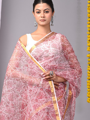 Taavi Blocked Printed Kota Doria Cotton Blend Saree(Pink)