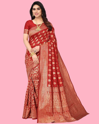 SHRIMAY Woven Kanjivaram Silk Blend Saree(Red)