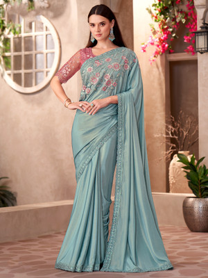 all about you Embellished Bollywood Georgette Saree(Light Blue)
