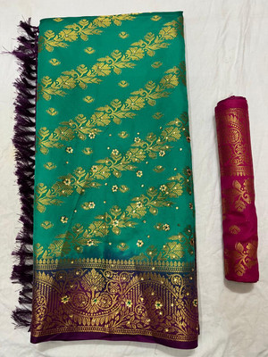 AlYasaCloset Embroidered Banarasi Handloom Raw Silk Saree(Light Green)