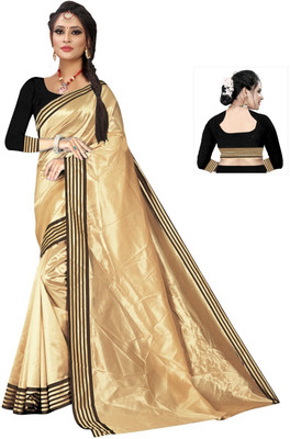 Arun Creation Striped Daily Wear Lycra Blend Saree(Cream)
