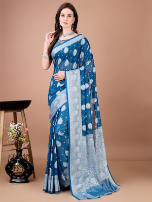 Divastri Woven Kanjivaram Silk Blend Saree(Light Blue)