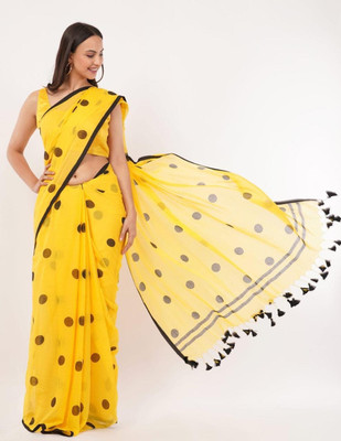 WeaveAura Printed Handloom Cotton Blend Saree(Yellow)