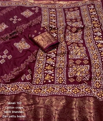 SSHAGUN LIFESTYLE Printed Hand Batik Cotton Silk Saree(Maroon)