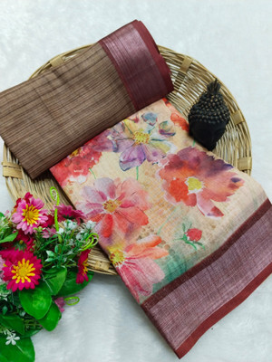 VISHNU Printed Kanjivaram Linen, Cotton Linen Saree(Multicolor)
