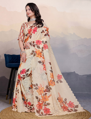 patu plus Digital Print, Floral Print, Printed, Self Design, Woven, Solid/Plain Daily Wear Linen, Cotton Linen Saree(Cream)