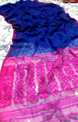 Hiya saree And Punjabi house Self Design Jamdani Cotton Blend Saree(White, Red)