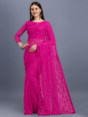 LOROFY Self Design Bollywood Net Saree(Pink)