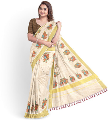 Vairavaa Tex Printed Kasavu Tissue Saree(Beige)