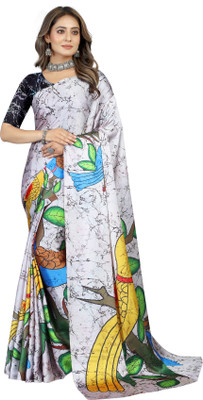 INITHI Digital Print Bollywood Crepe Saree(White)