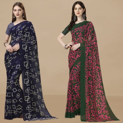 Dori Graphic Print, Floral Print Daily Wear Georgette Saree(Pack of 2, Blue, Dark Green)