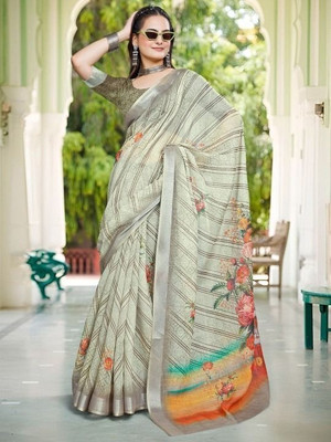 Soor Panchi Printed Leheria Cotton Linen Saree(Beige)