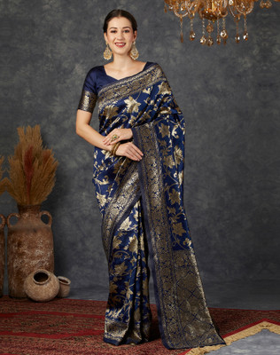 Divastri Woven Kanjivaram Silk Blend, Jacquard Saree(Blue)