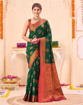Satrani Woven, Embellished Banarasi Silk Blend Saree(Dark Green)