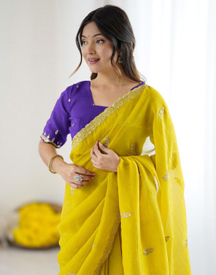 Satrani Embroidered Bollywood Tissue Saree(Yellow)