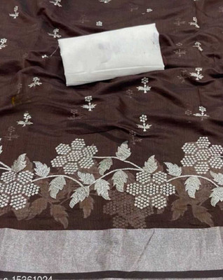 Vleez Self Design Chanderi Cotton Silk Saree(Brown)