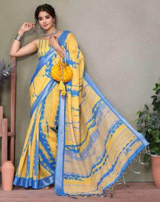 HITESH ENTERPRISE Digital Print Leheria Cotton Linen Saree(Yellow)