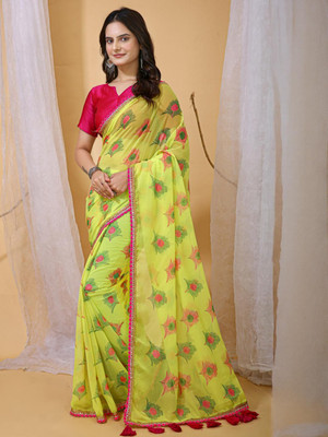 HERE N NOW Printed Banarasi Georgette Saree(Yellow)