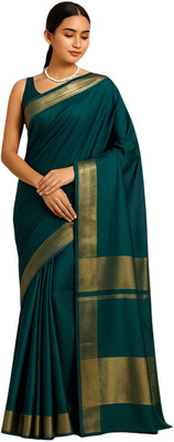 Montauk Fabians Solid/Plain Banarasi Cotton Silk Saree(Dark Green)