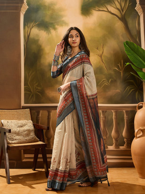 ShopGlobal Printed Banarasi Pure Cotton Saree(Multicolor)