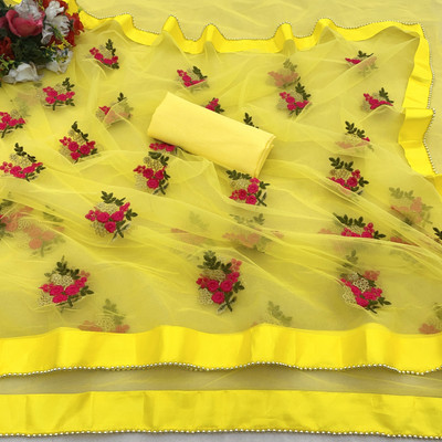 vallavi fashion Embroidered Banarasi Net Saree(Yellow)