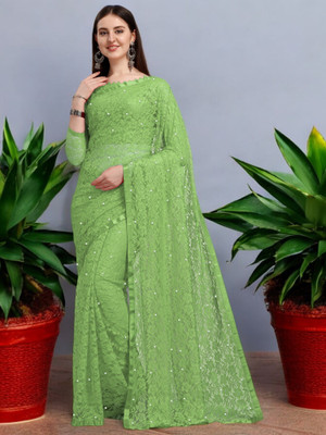 NexxaFashion Self Design Bollywood Net Saree(Green)