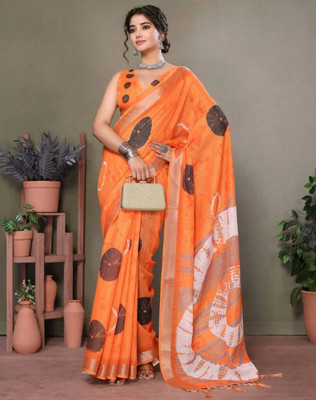 HITESH ENTERPRISE Digital Print Leheria Cotton Linen Saree(Orange)