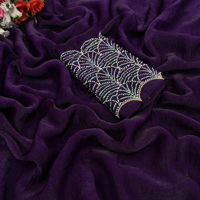 Zari and Ziba Embroidered, Solid/Plain Bollywood Chiffon Saree(Purple)