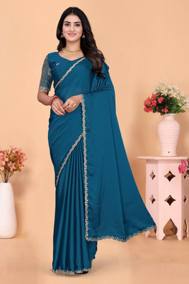 V AMAN FASHION Solid/Plain Bollywood Art Silk Saree(Blue)