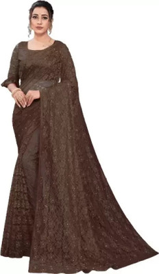 Nilkanthvarni Creation Self Design Bollywood Net Saree(Brown)