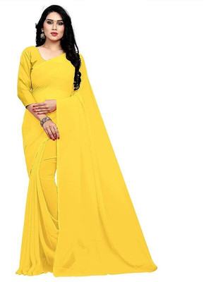 Florono enterprise Solid/Plain Bollywood Lycra Blend Saree(Yellow)