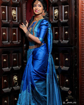 ESOMIC Solid/Plain Banarasi Pure Silk Saree(Blue)