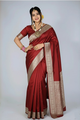 LYANNA Woven, Floral Print, Temple Border, Solid/Plain Banarasi Satin Saree(Brown)